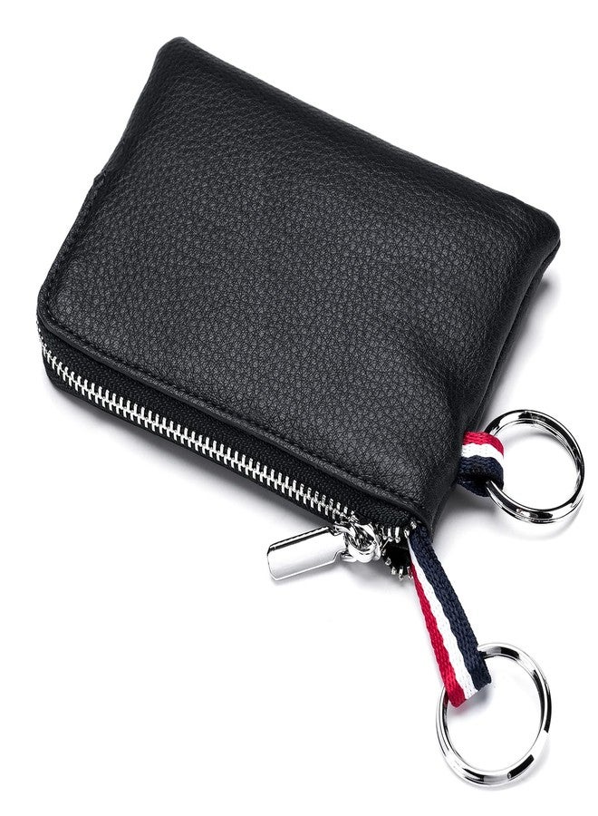 imeetu Leather Coin Purse Wallet, Mini Dual Keyrings Change Pouch Card Holder for Men Women (Black, large) - Image 1